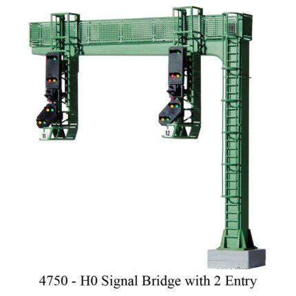 Filigree brazen parts light and signal heads with powerful LED-lighting make the signal bridge an eye-catcher. Signal heads are equipped with plug-in connection and are switchable (signal heads items 4751 – 4753) to adjust to modified track middle radius (4