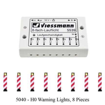Electronic control Train module with label 'Viessmann 8-fach-Laufflicht 5539' above small HO scale warning lights. Train Model & Railway Accessories available @ The Trainyard in Paarl