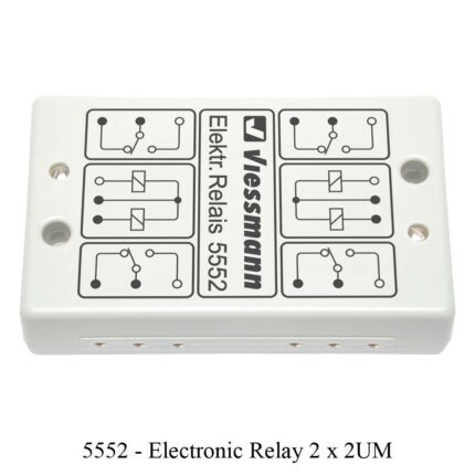 White electronic relay module with circuit diagrams and the label "Viessmann 5552." Train Model & Railway Accessories available @ The Trainyard in Paarl